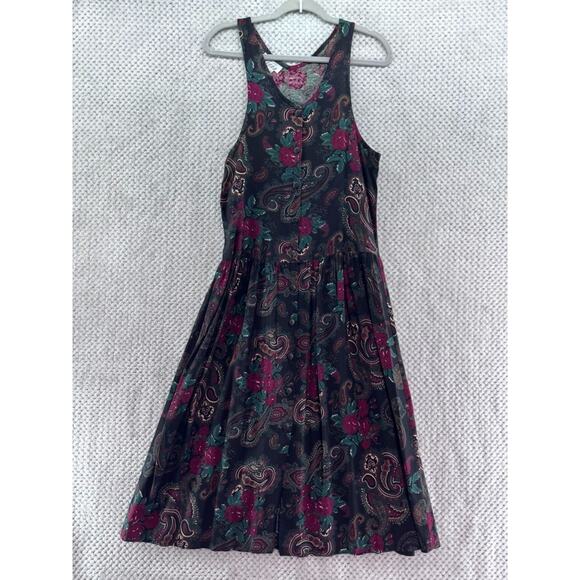 VTG Fabrizio Dress Womens S Black Paisley Rose Button Front Boho Pleated - Picture 1 of 11